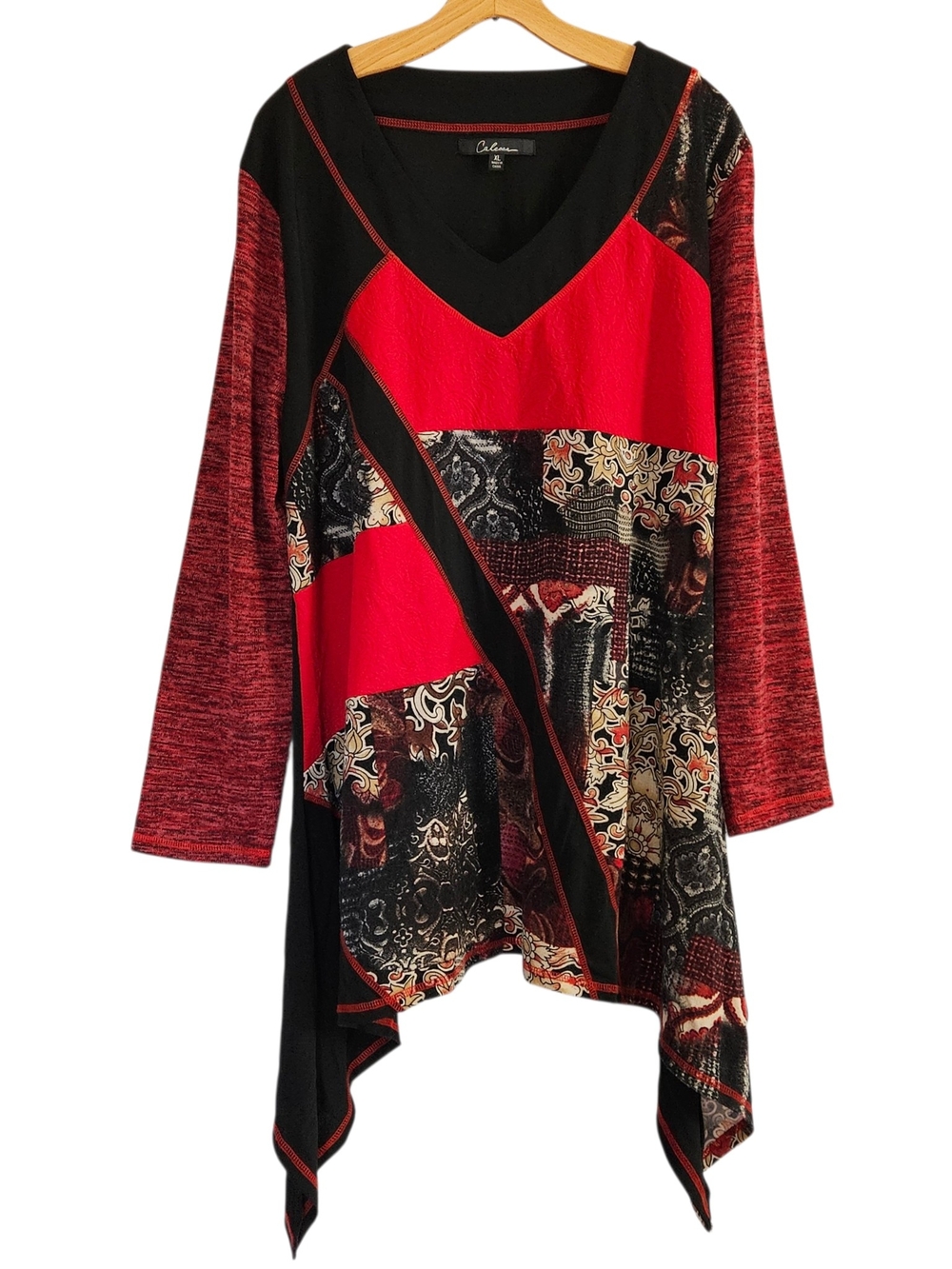 Calessa Asymmetrical Tunic Women XL Patchwork Artsy Hippie V-Neck Shark Bite Hem